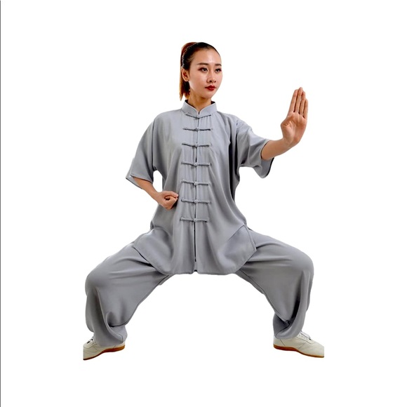 Unisex Cotton Blend Short Sleeves Tai Chi Suit Morning Exercise Uniform - Picture 2 of 3